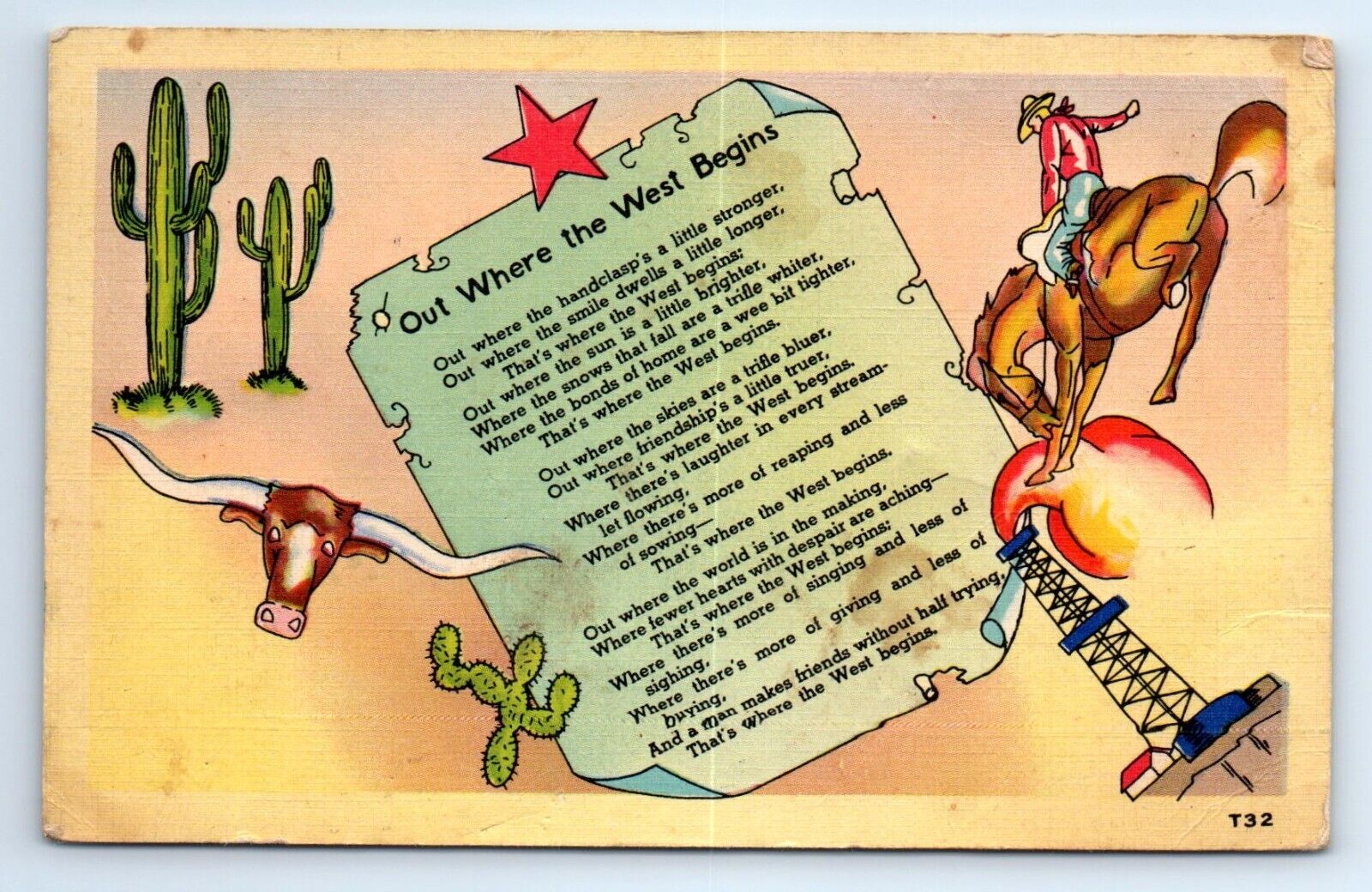 OUT WHERE WEST BEGINS Cowboy Bronco Cactus Oil Derrick Linen Postcard c.1945