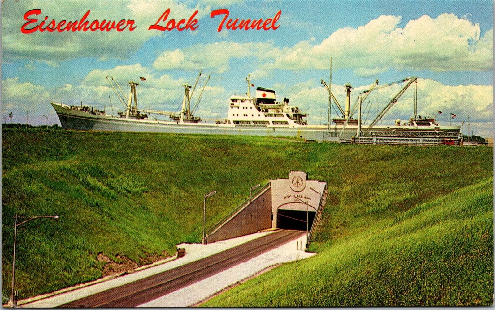 Vtg Massena NY Eisenhower Lock Tunnel Ship St Lawrence Seaway 1950s Postcard