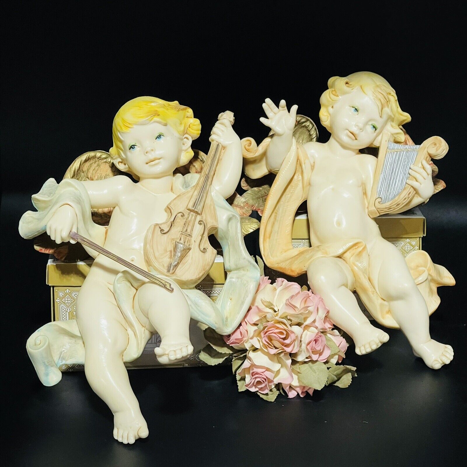 Winged Angel Cherubs Made In Italy Wall Decor Vintage 11-13” Tall SET OF 2 *