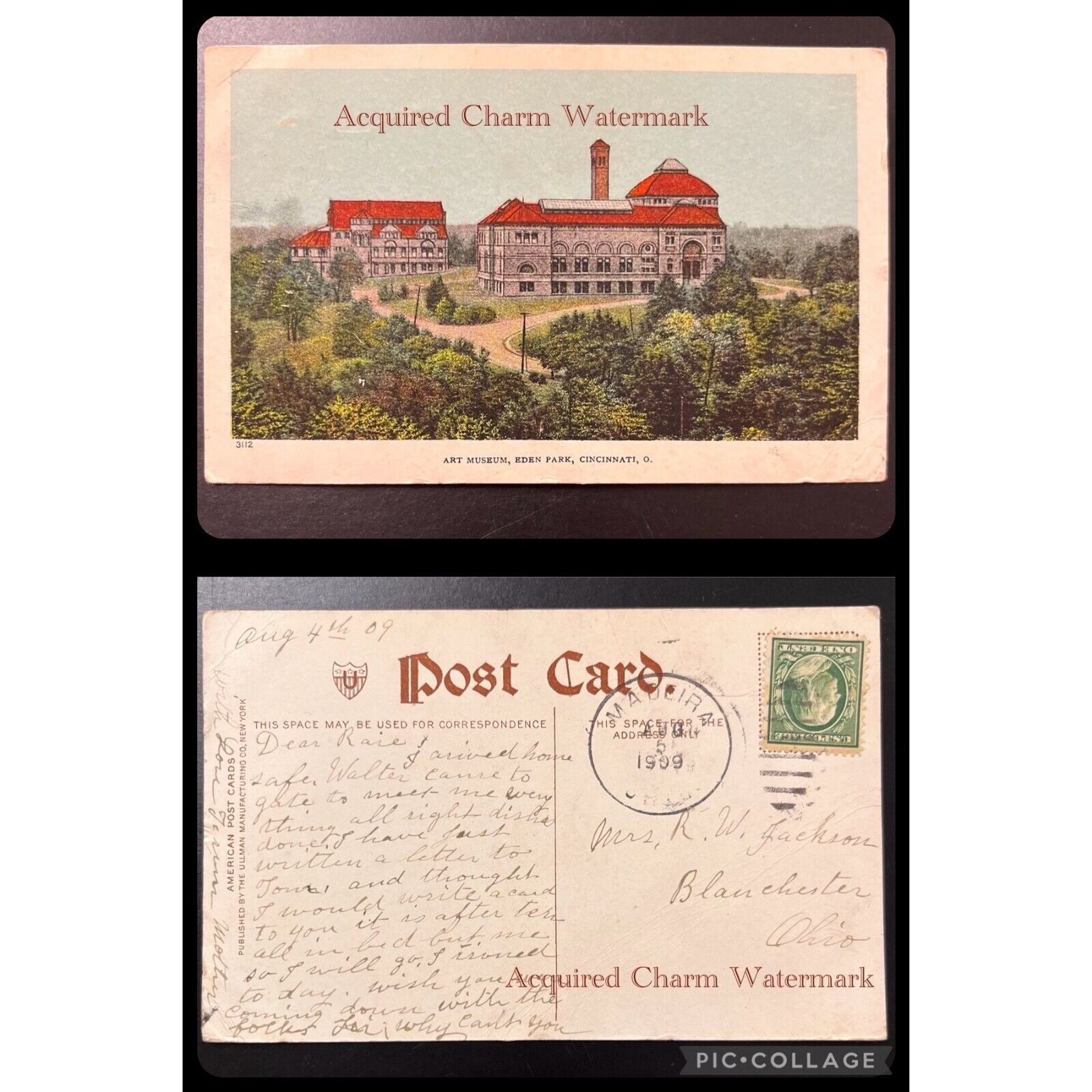 Antique Postcard, Art Museum, Cincinnati, O. August 5, 1909