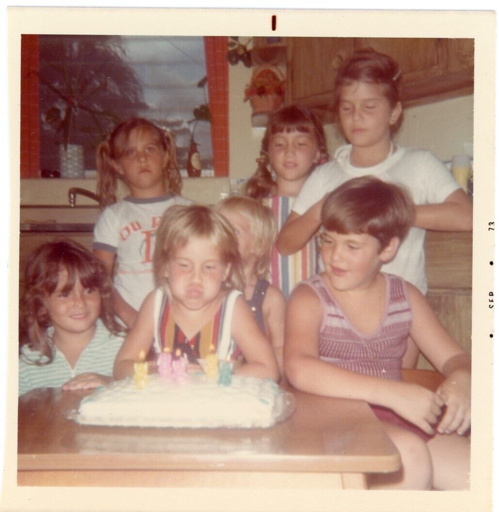 Vtg Found Photo 1973 Kids Birthday Party w/ Cake Blowing Out Candles
