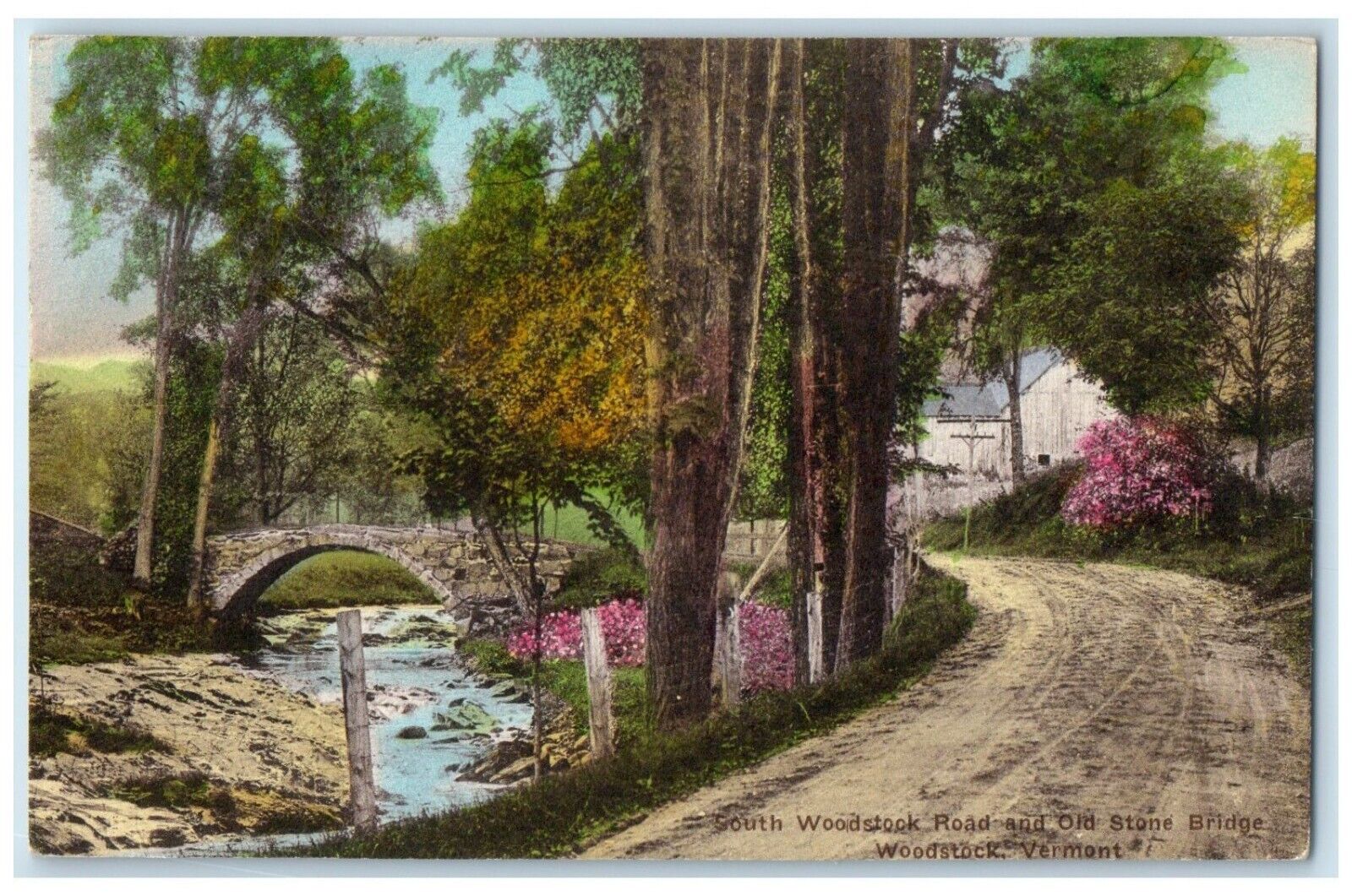 1935 South Woodstock Old Stone Bridge Woodstock Vermont VT Hand-Colored Postcard