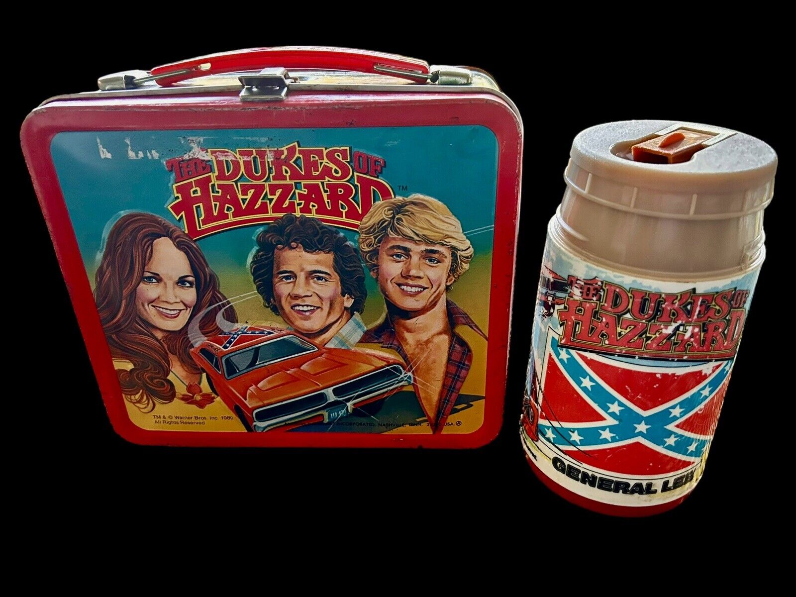 Vintage 1980 Dukes Of Hazzard Metal Lunch Box Thermos Aladdin Bo Luke Daisy Duke