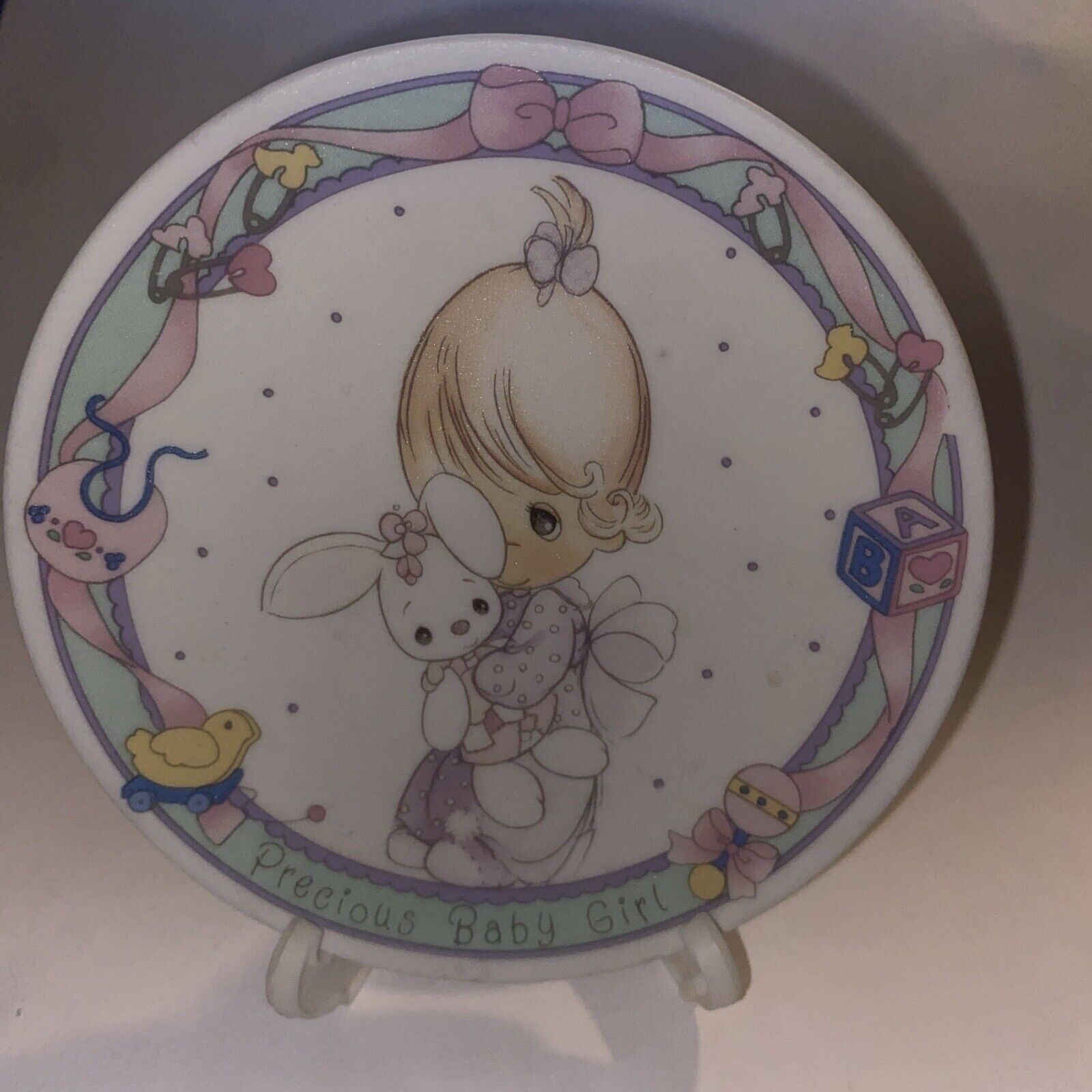 Vintage 1992 Enesco Precious Moments Precious Baby Girl 4” Mini Plate w/ Stand