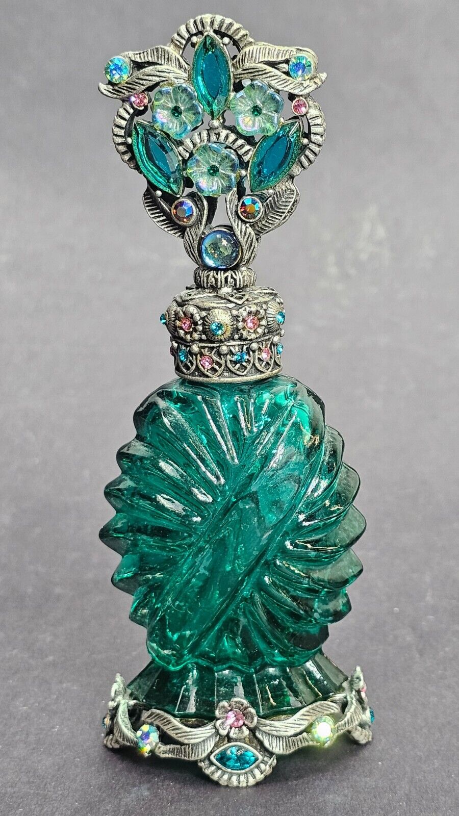 Vintage Czech Bohemian Art Deco Green Glass Jeweled Perfume Bottle
