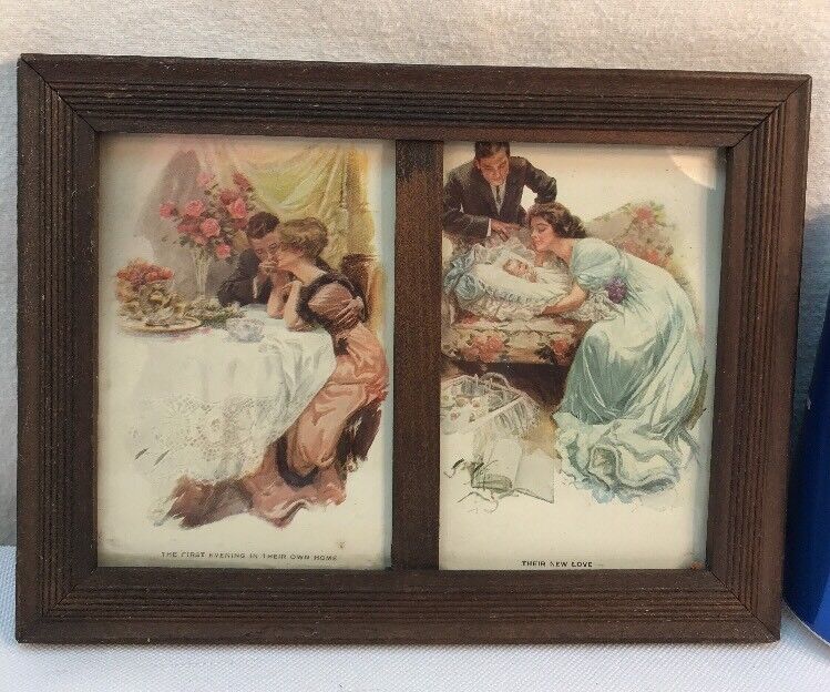 Vtg 1920’s Framed 2pc First Evening In New Home Their New Love Baby Postcards