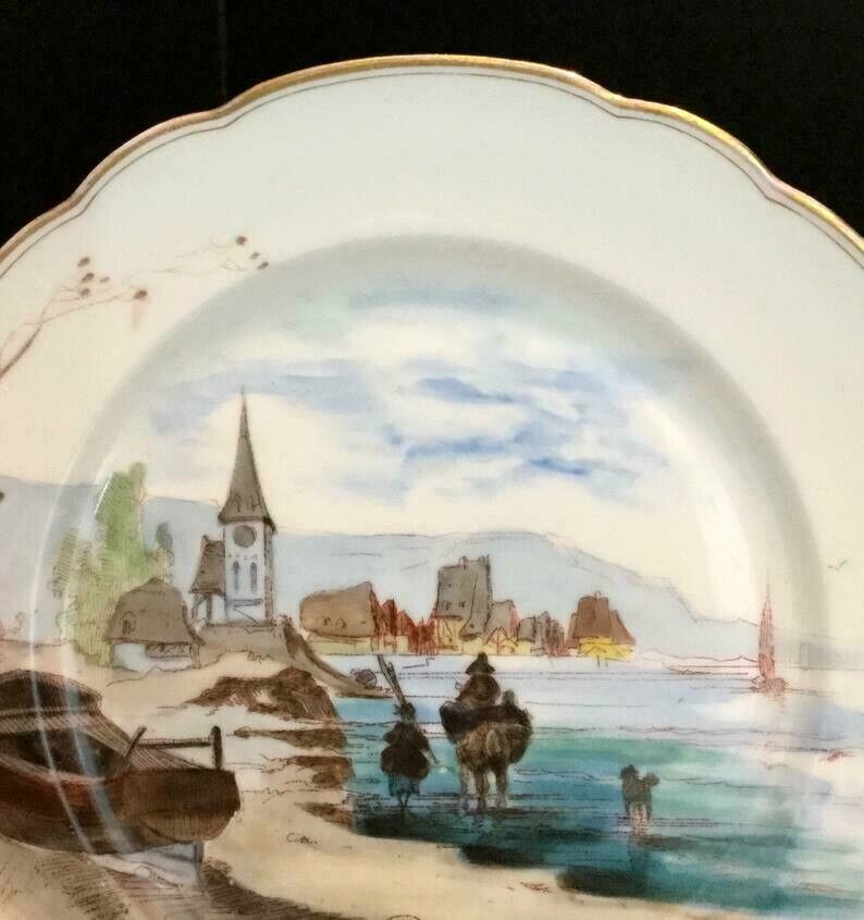 Antique  Plate Fischer Mieg Hand Painted Village Water Church Scene circa 1850s