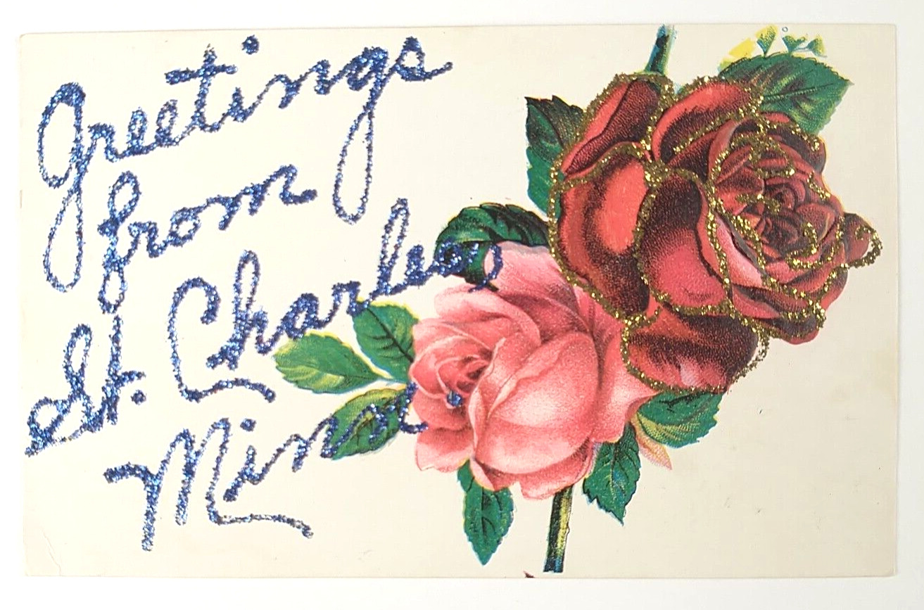 Greetings From St. Charles Minnesota Glitter Postcard Antique c1910 Embossed 263