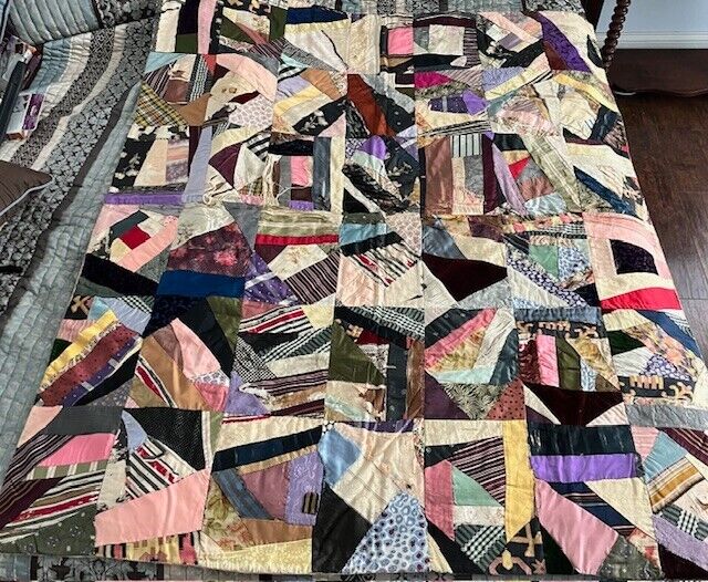 Antique Crazy Quilt with Vibrant Colors & Textures 46\