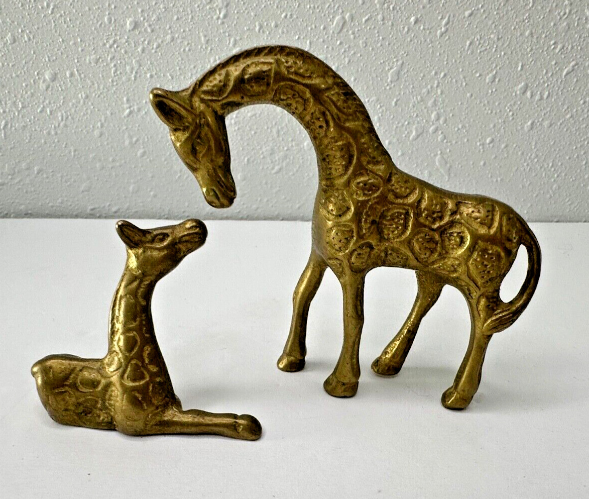 Vintage Solid Brass Giraffe Figurines Mother & Baby Statues Figurines Animals