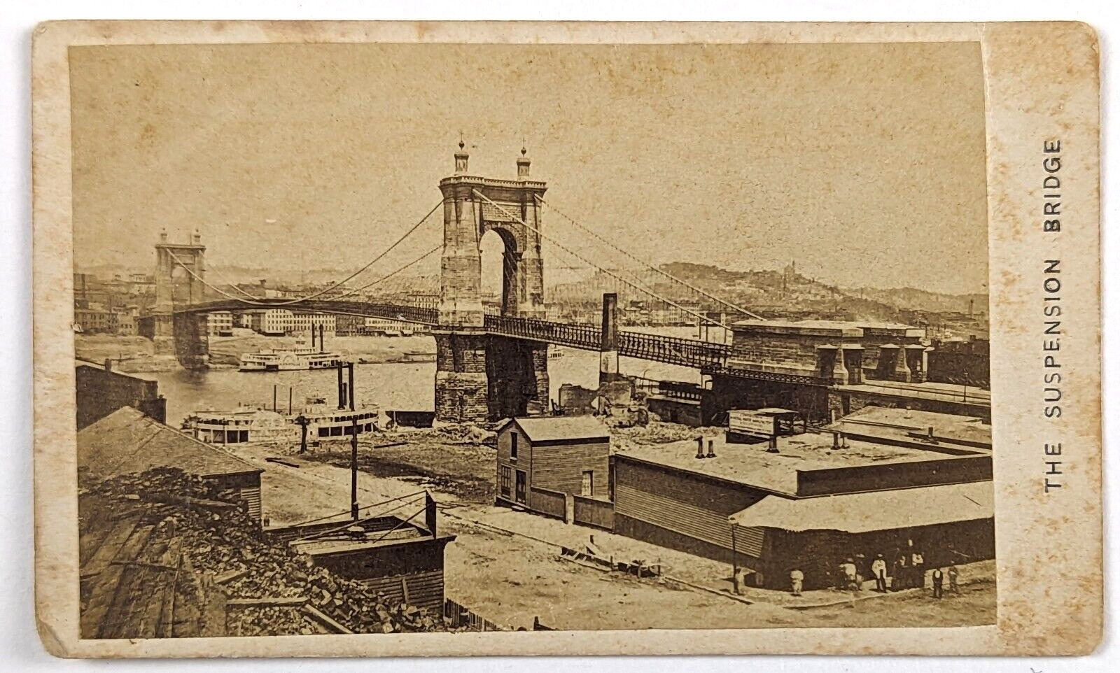 Cincinnati & Covington Roebling Bridge Antique Photograph Kentucky & Ohio CDV