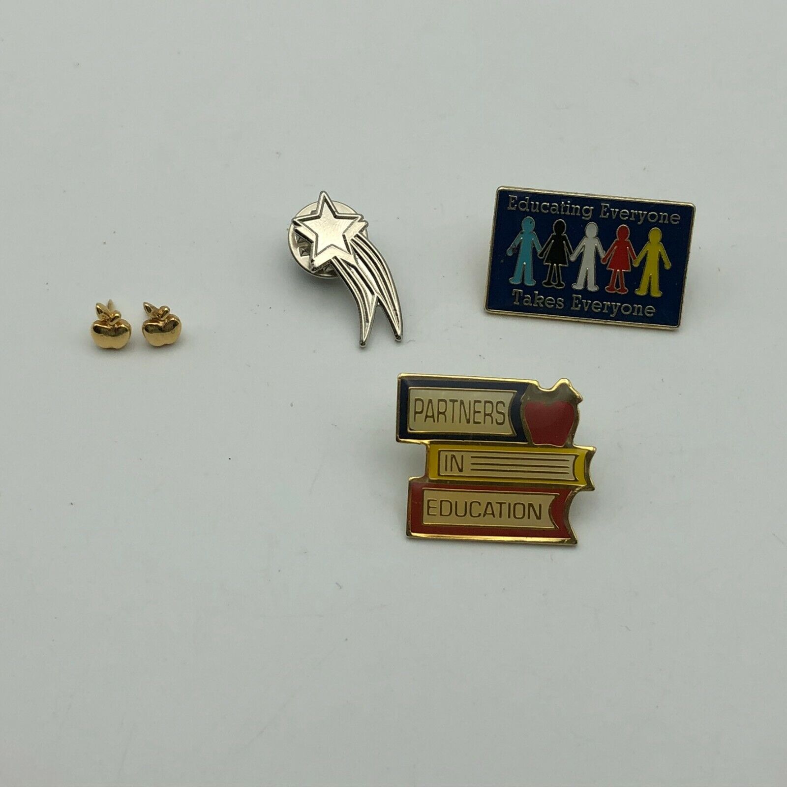 Lot 3 Teacher Lapel Pins Plus Pair Of Tiny Gold Tone Apple Pierced Earrings N1 