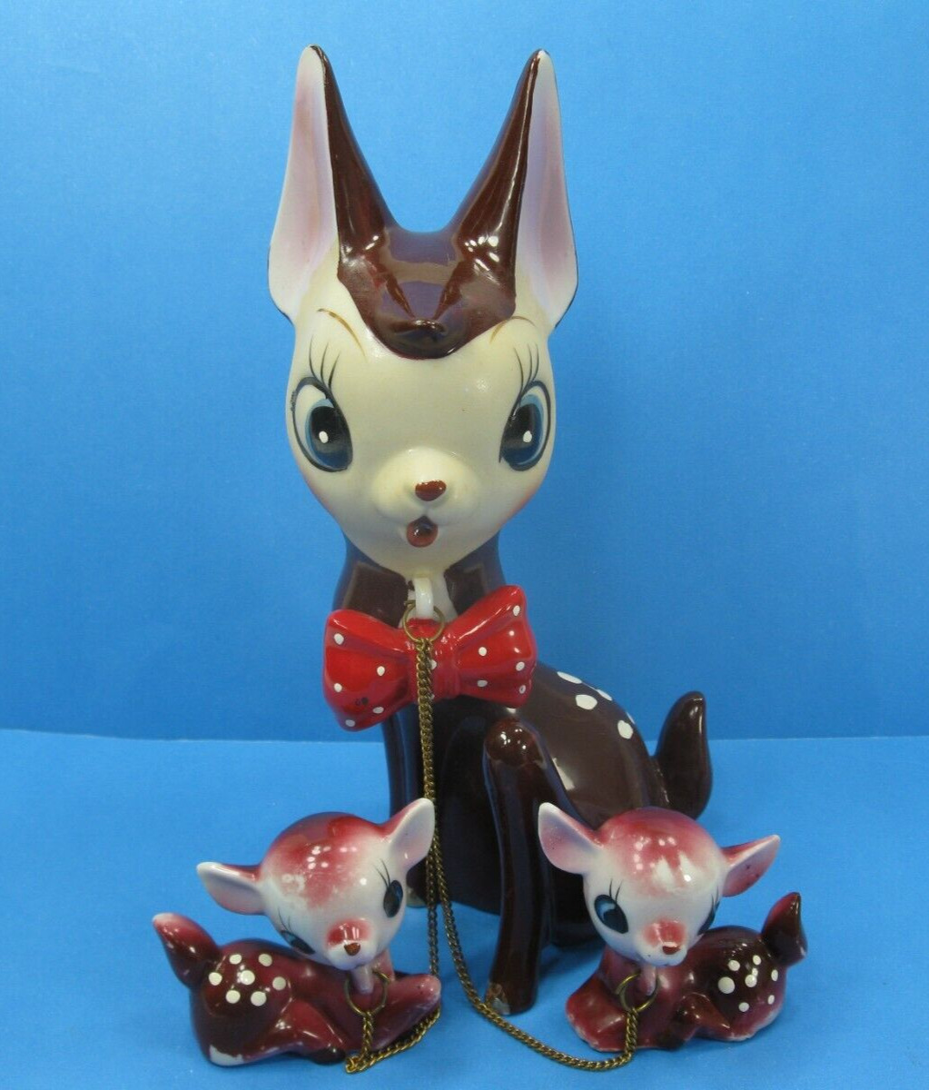 LIPPER & MANN Set of 3 DEER Figurines Doe Fawns Chained VINTAGE Anthropomorphic