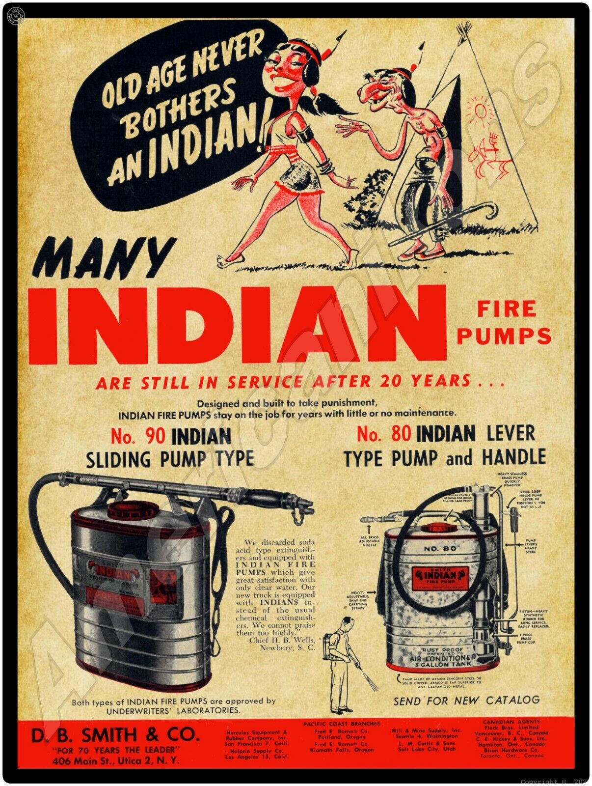 1957 Indian Fire Pumps New Metal Sign: D.B. Smith & Co., Utica, New York