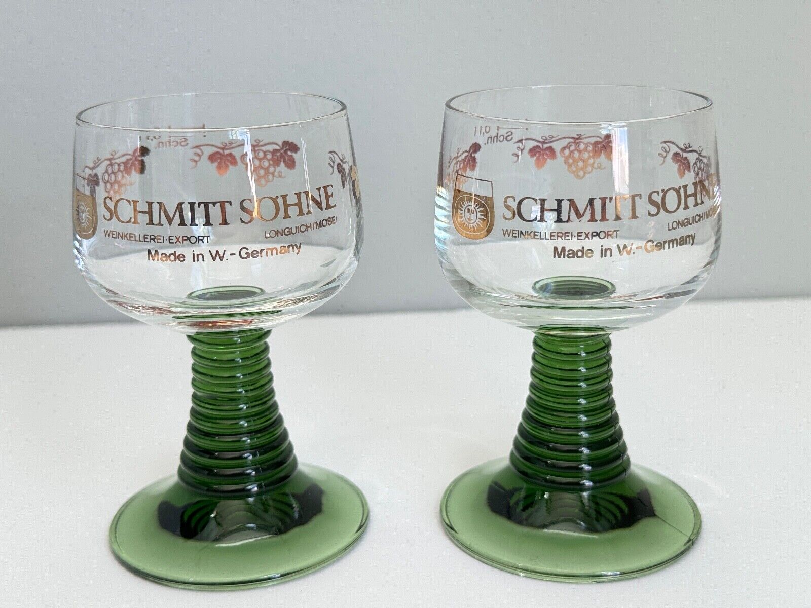 German Schmitt Sohne Glass Set Green Ribbed Stemmed Wine Goblets Cups Chalice