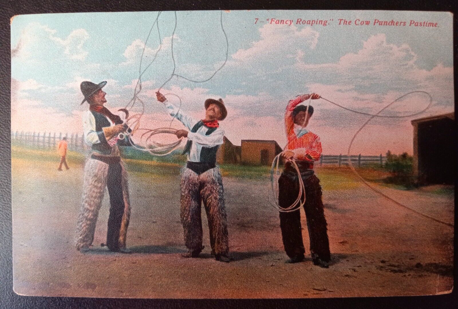 COWBOYS FANCY ROAPING THE COW PUNCHERS PASTIME POSTCARD (c. 1910) ~ Exc & Unused