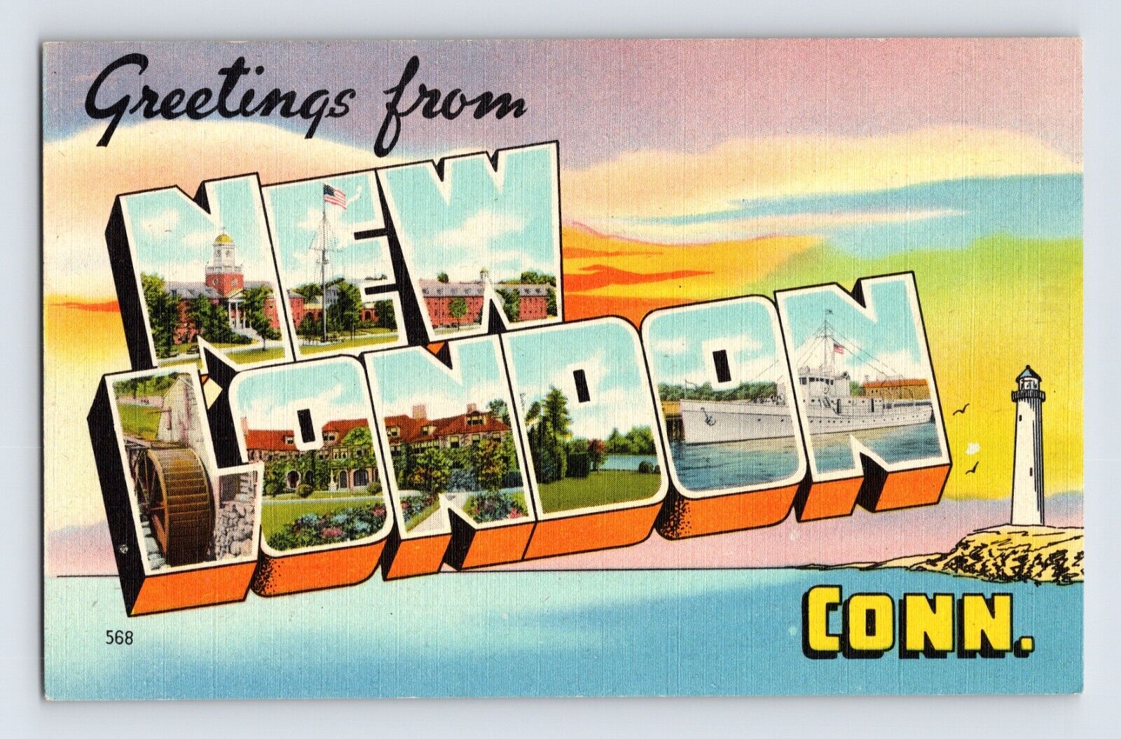 Postcard Connecticut New London CT Large Letter Linen 1940s Unposted