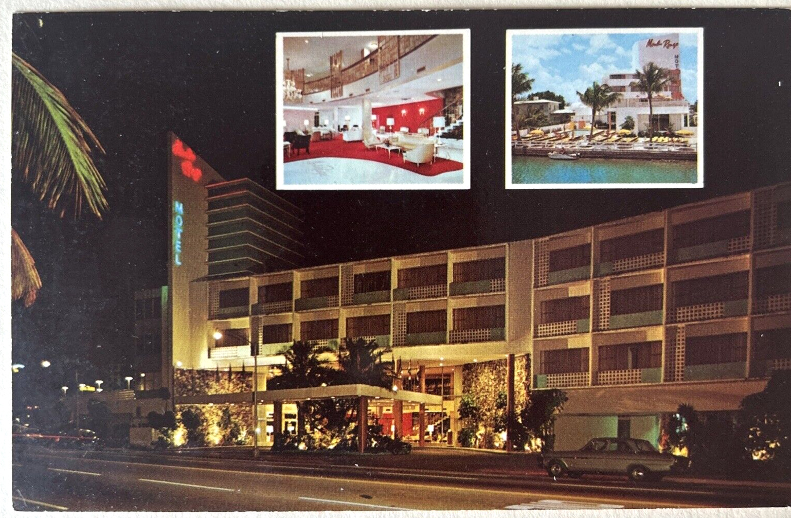 Moulin Rouge Resort Motel Miami Beach Florida FL Night View c1960 Postcard