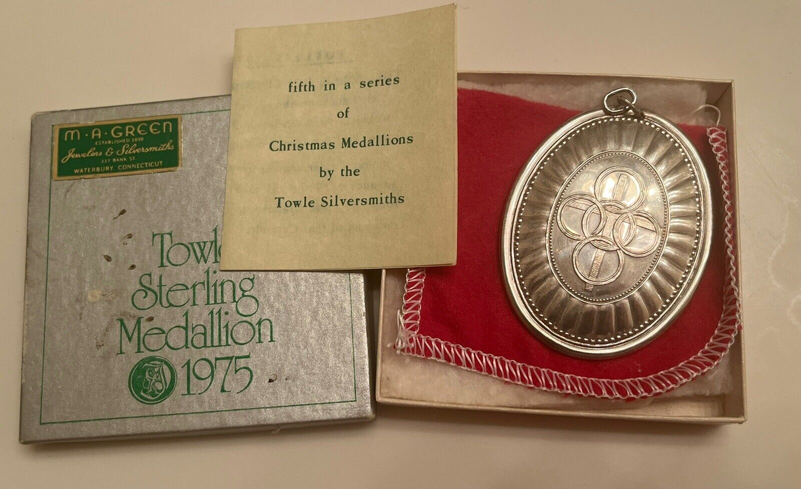 1975 Towle Sterling Silver “ Five Golden Rings” Medallion Christmas Ornament 