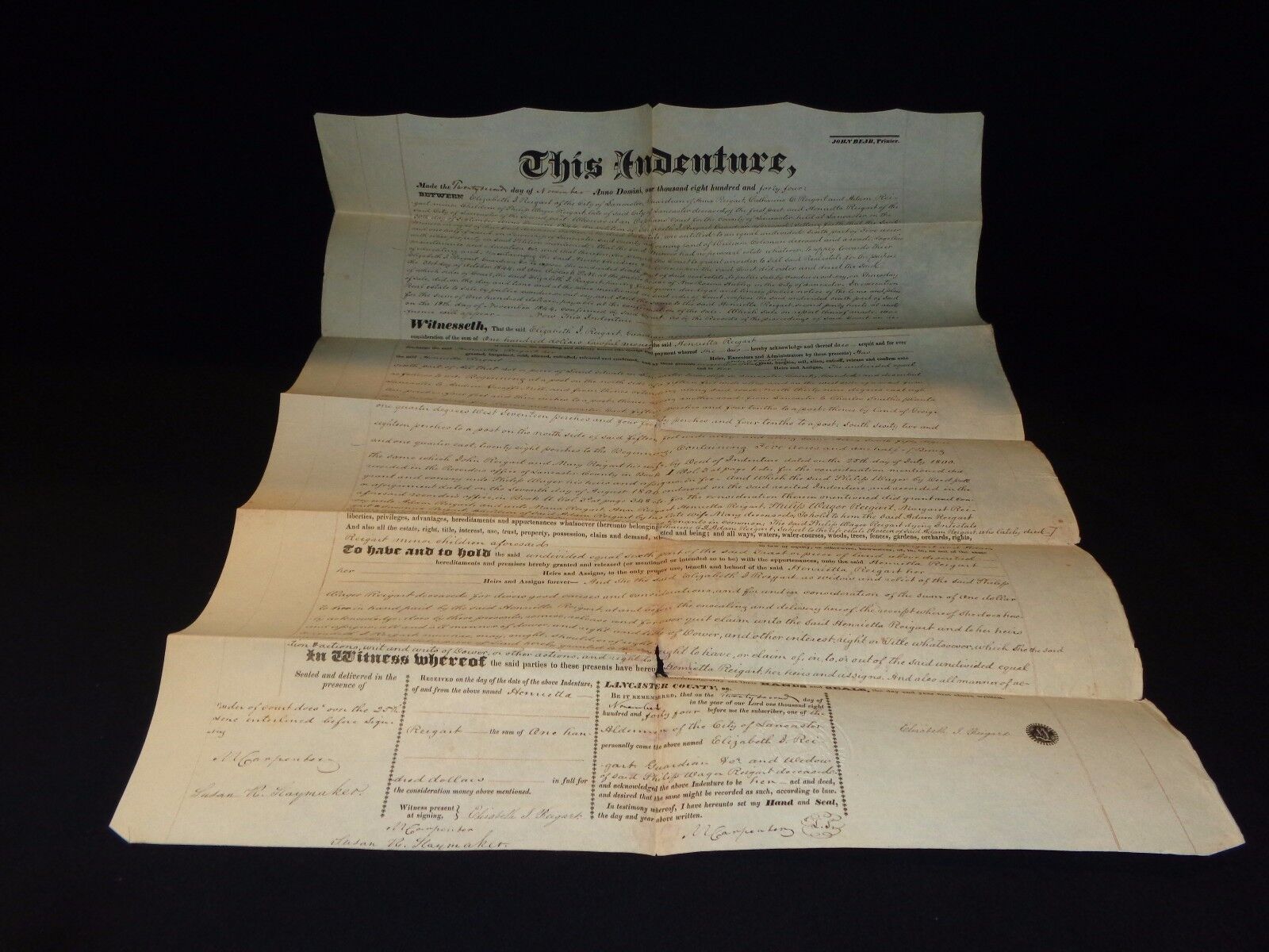 Antique 1844 Indenture Deed Lancaster County, Pennsylvania, John Bear Printer 