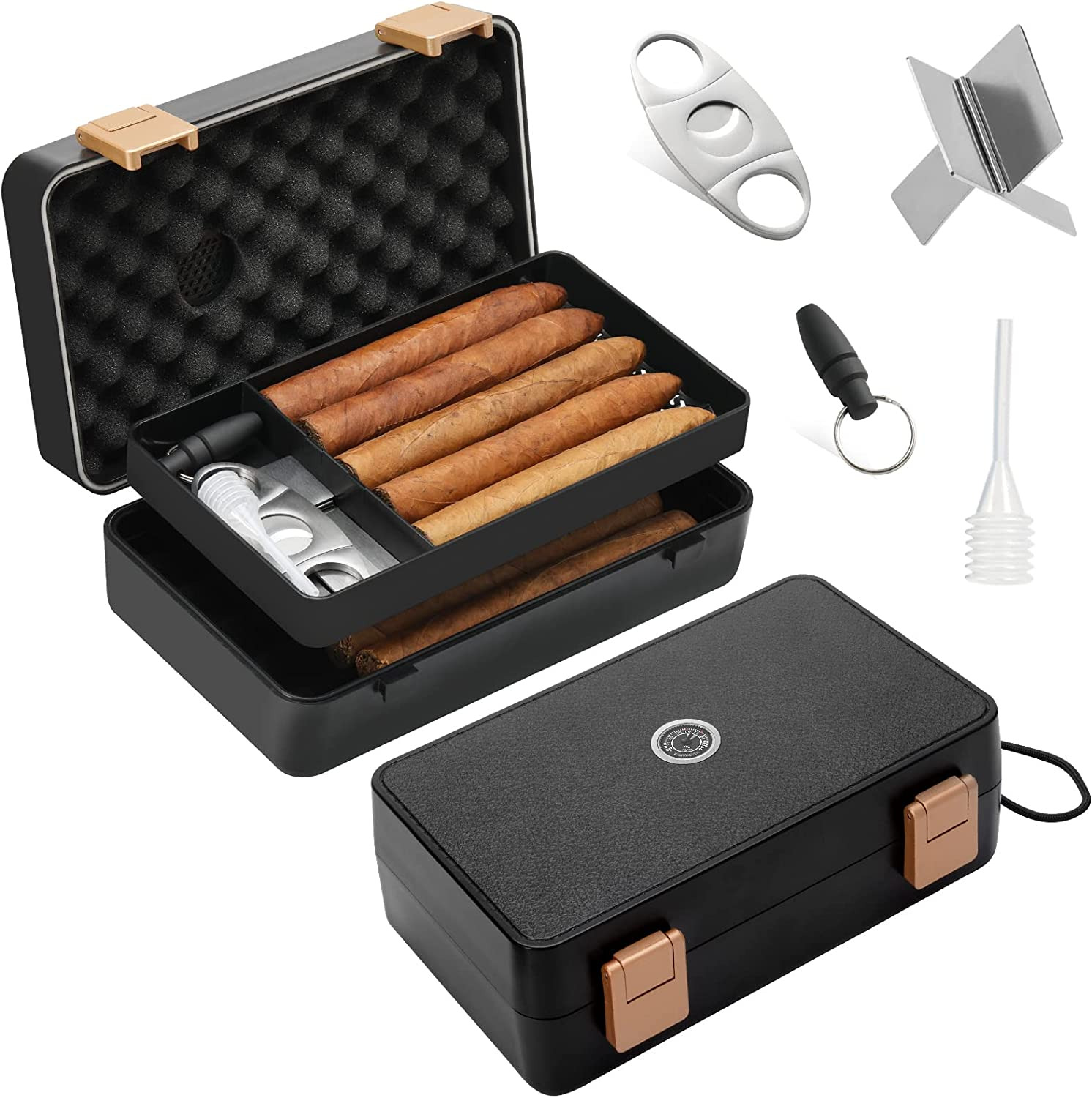 Travel Cigar Humidor Box Case Double Layer Design with Cigar Accessories 