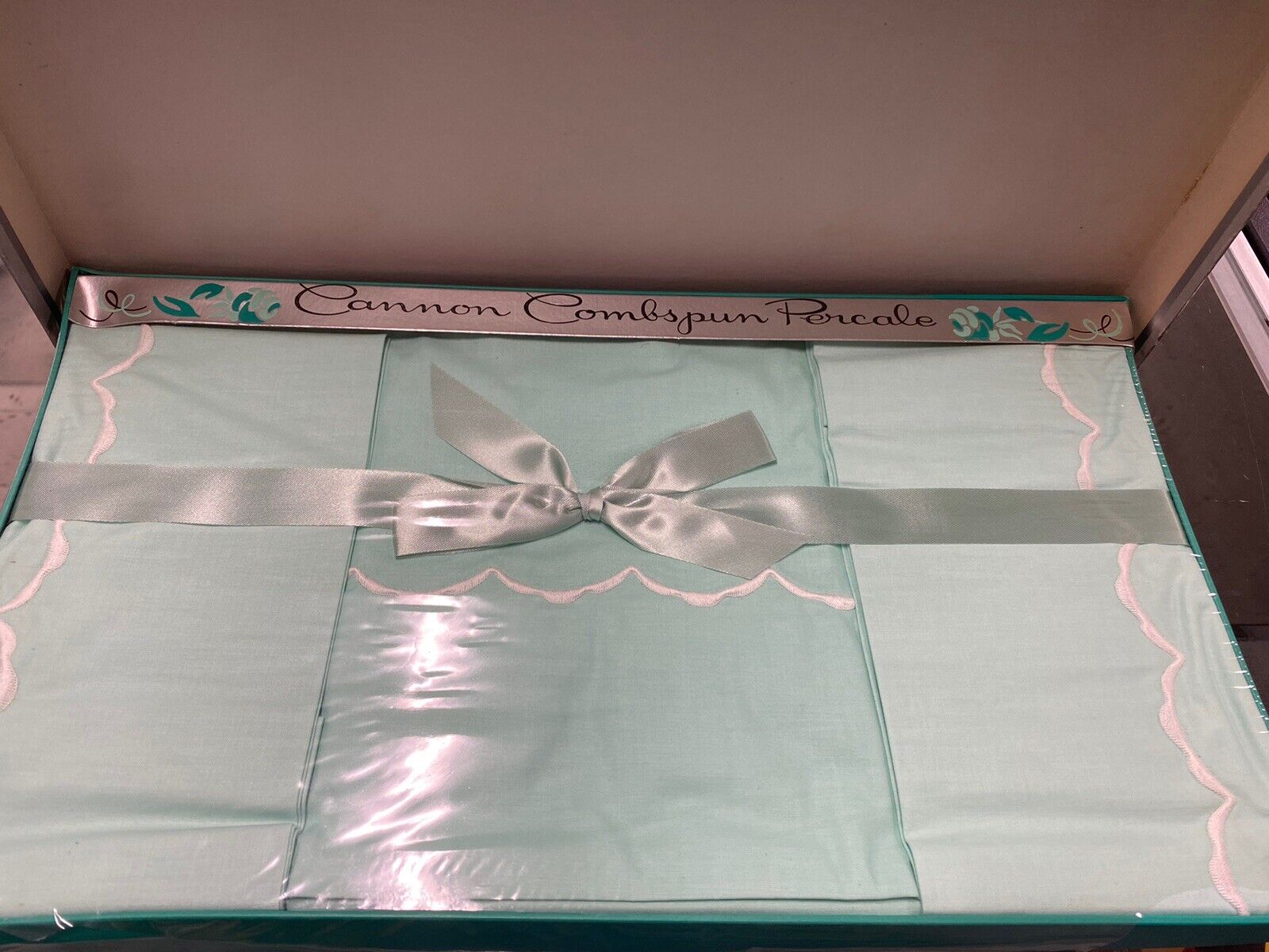 Vintage Cannon Combspun Cotton Percale Full Sheet Teal White Trim 2 Pillow Cases