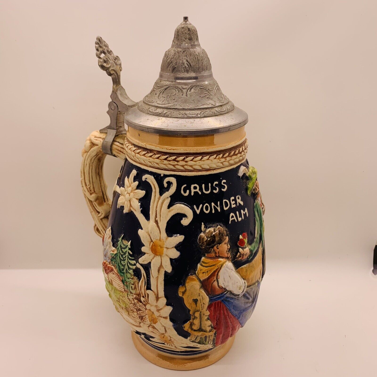 Vintage 1937 “Gruss Vonder Alm” Western Germany Lidded Ceramic Beer Stein