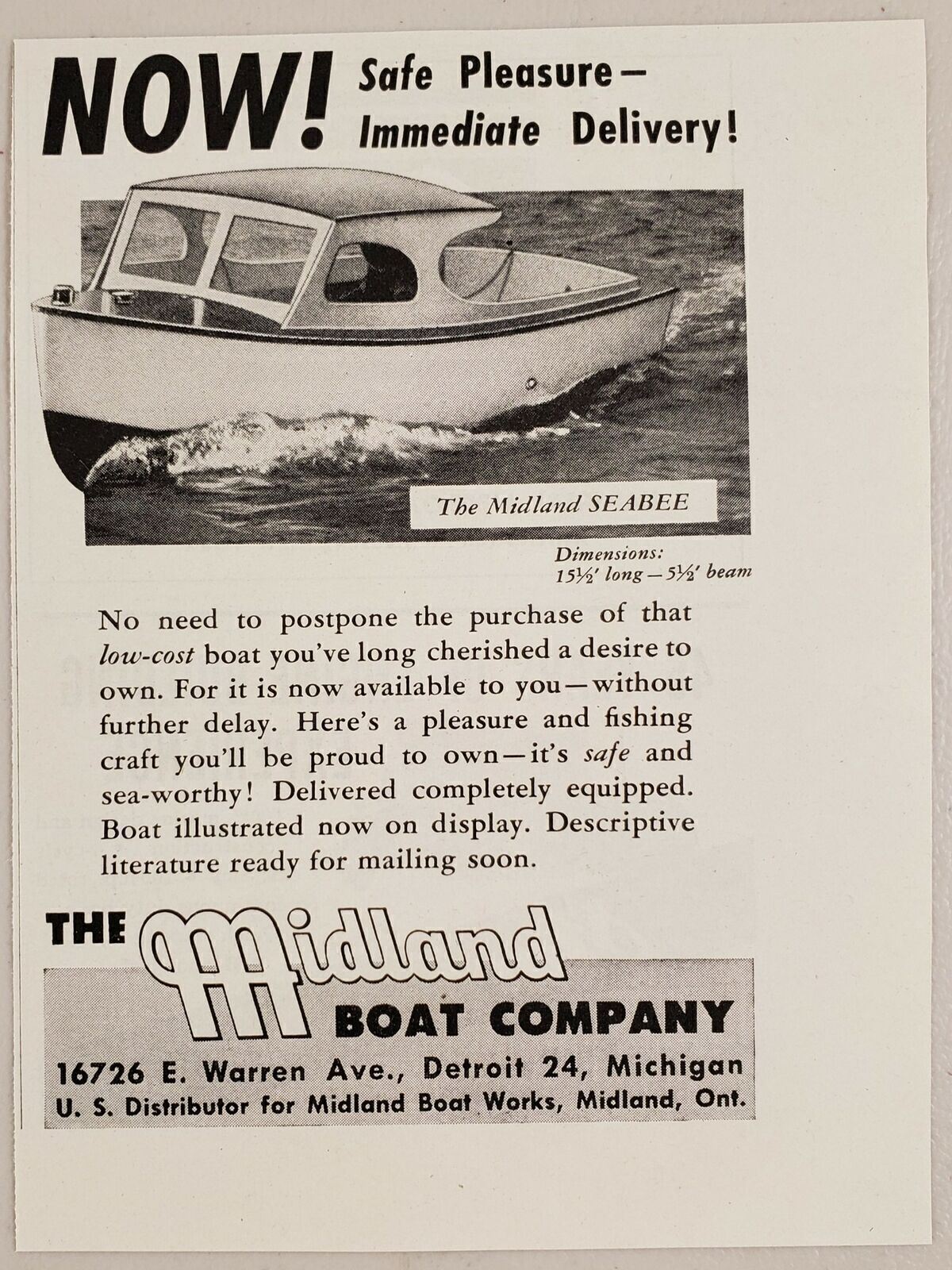 1946 Print Ad Midland SEABEE Boats Midland,ONT Canada & Detroit,Michigan