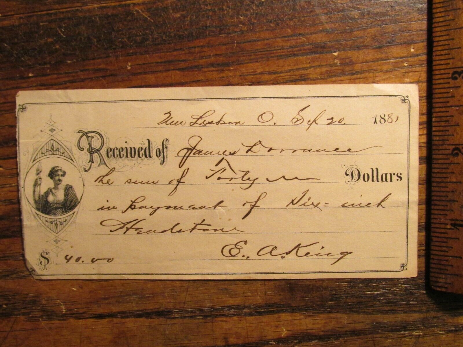 Antique Ephemera 1881 Receipt Document New Lisbon Ohio Payment For Headstones