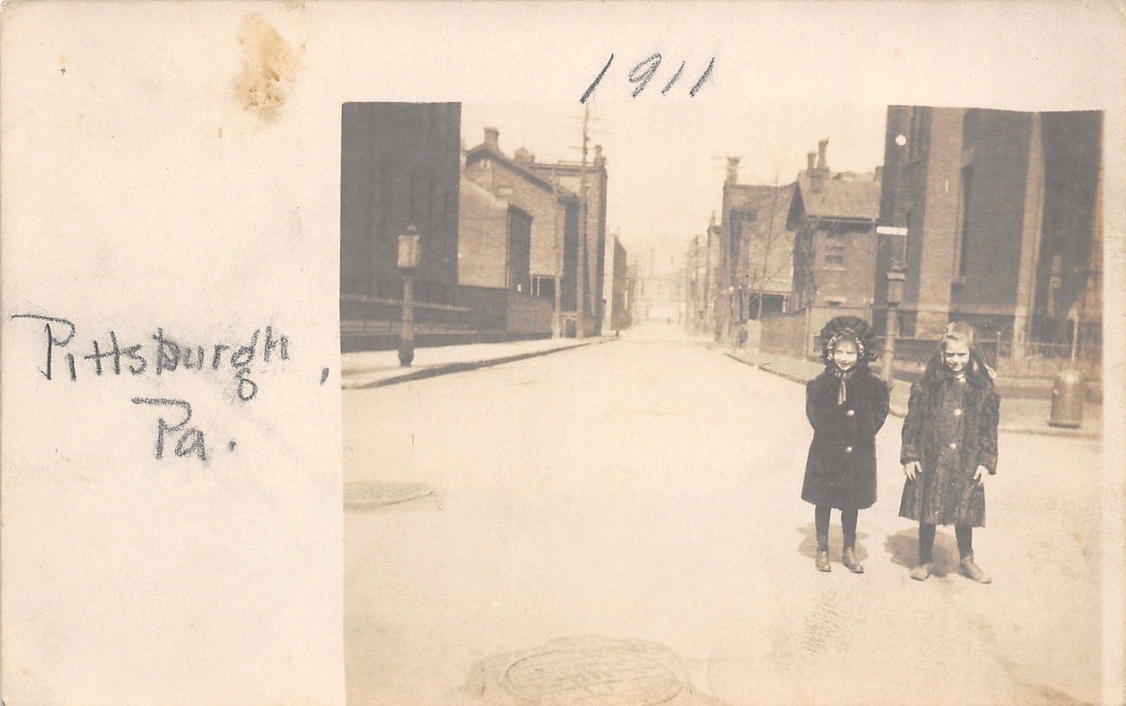 Pittsburgh PA 2 Pretty Little Girls on Snowy Street~Winter Coats RPPC 1911