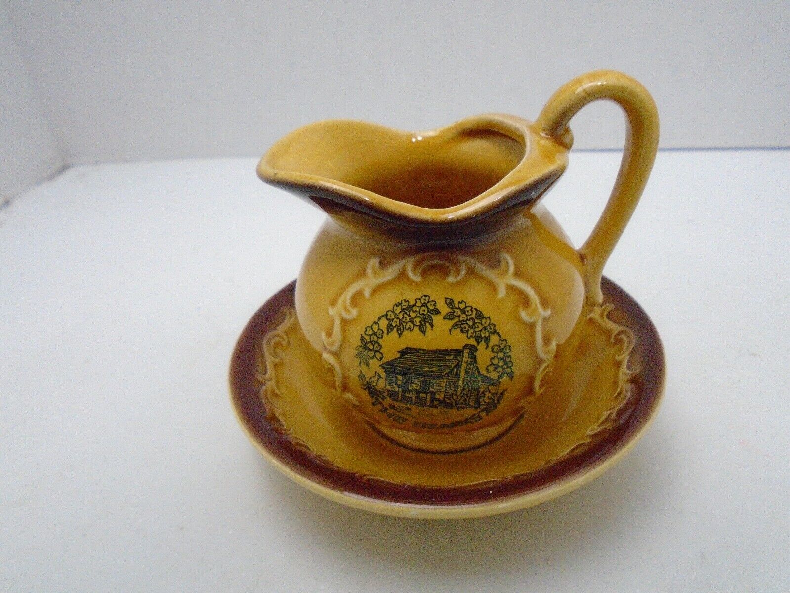 Vintage The Ozarks Mini Ceramic Pitcher Bowl/Basin Set mustard  golden yellow