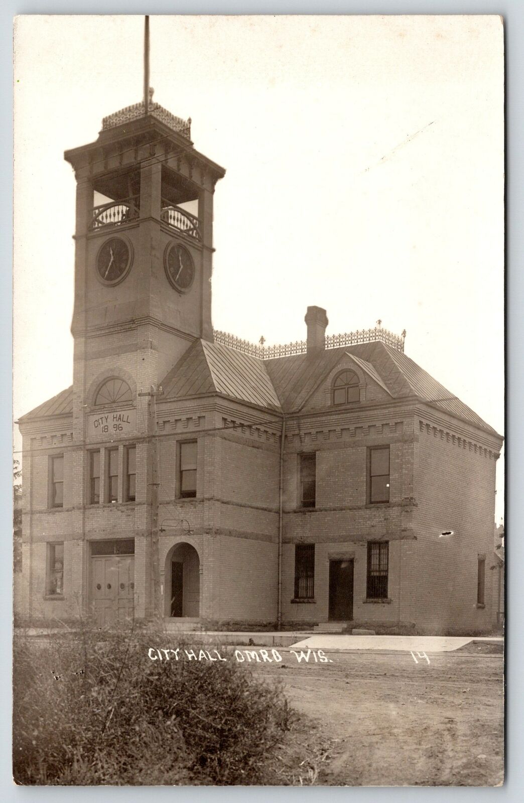 Omro Wisconsin~City Hall Close Up~Clock Tower~2nd Empire Architecture~c1909 RPPC