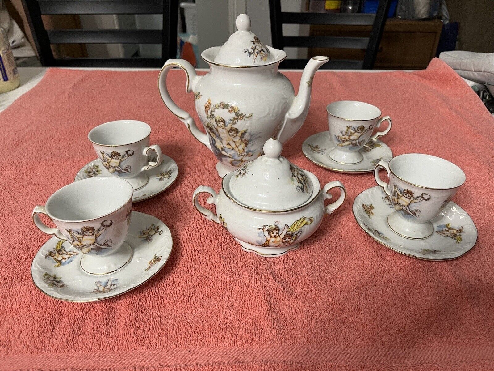 Vintage Trisa Porcelain Tea Set Angel/Flower Pattern