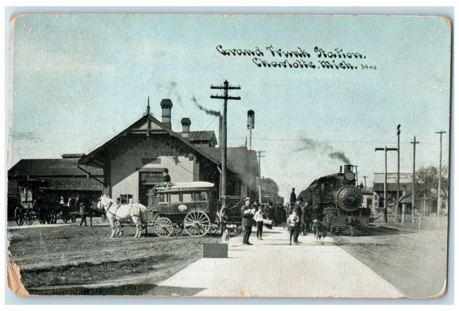 c1910\'s Grand Trunk Station Depot Railroad Train Charlotte Michigan MI Postcard