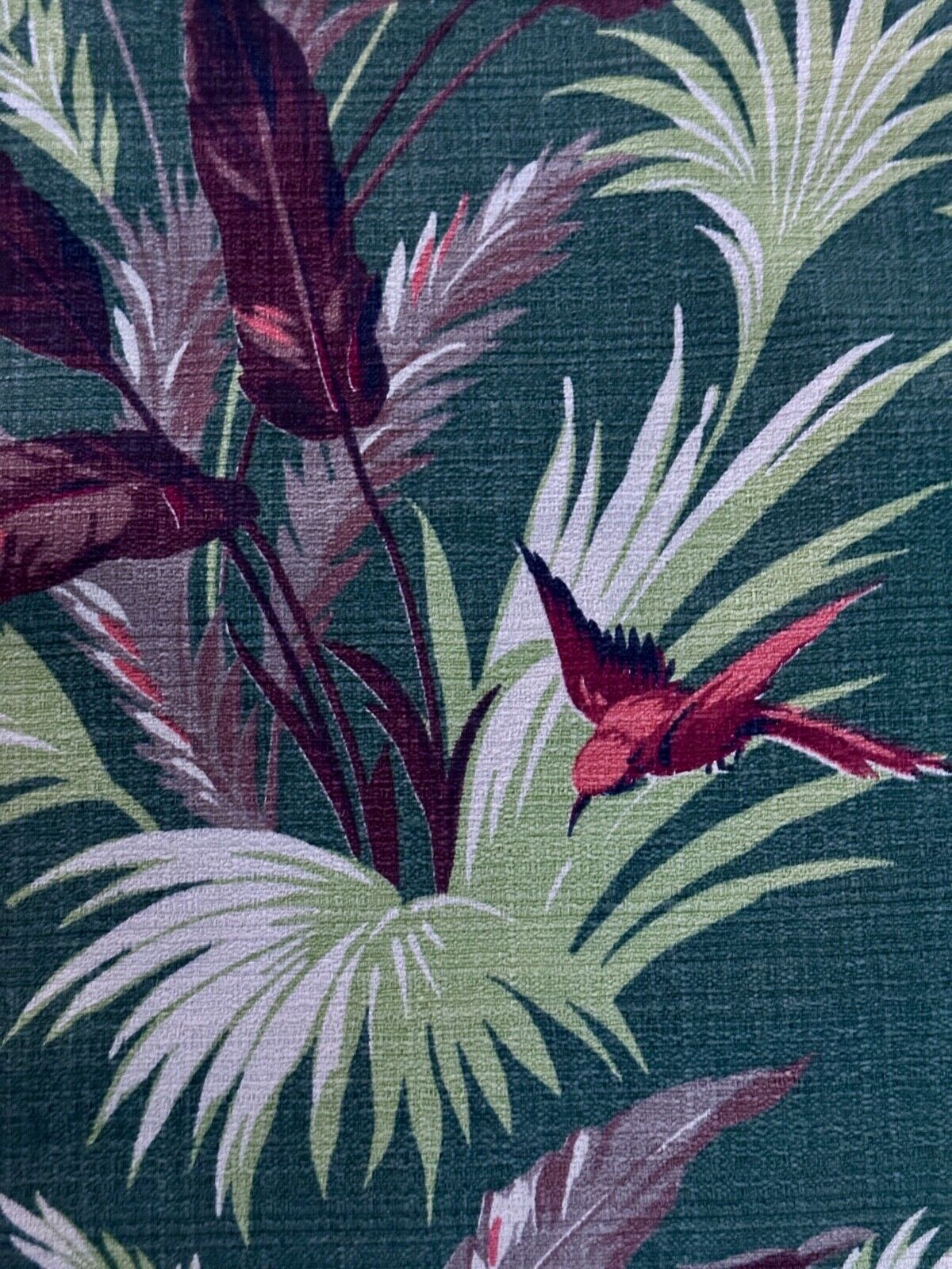 BIRDS 30s Art Deco Tangerine Hummingbirds on Dark Lime Barkcloth Vintage Fabric