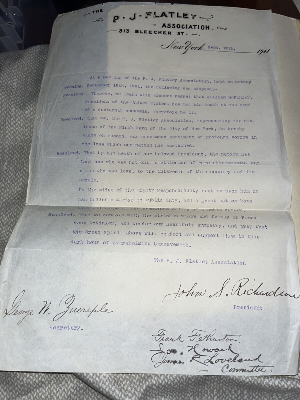1901 P J Flatley Association New York Letter on President McKinley Assassination