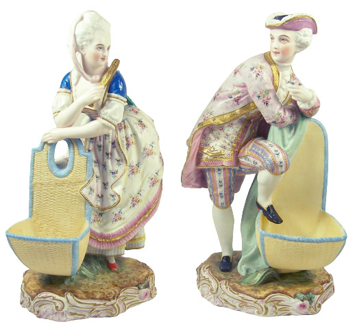 Antique French Bisque Porcelain Figurine Pair with Baskets Vion & Baury 10 1/2\