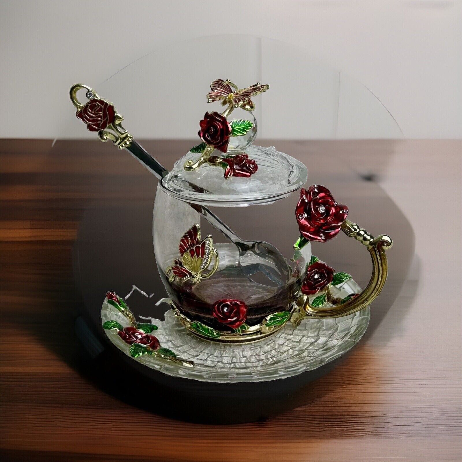 LANTREE Crystal Tea Cup Coffee Mug with Lid Saucer Spoon 11ozRedRose, Redrose 