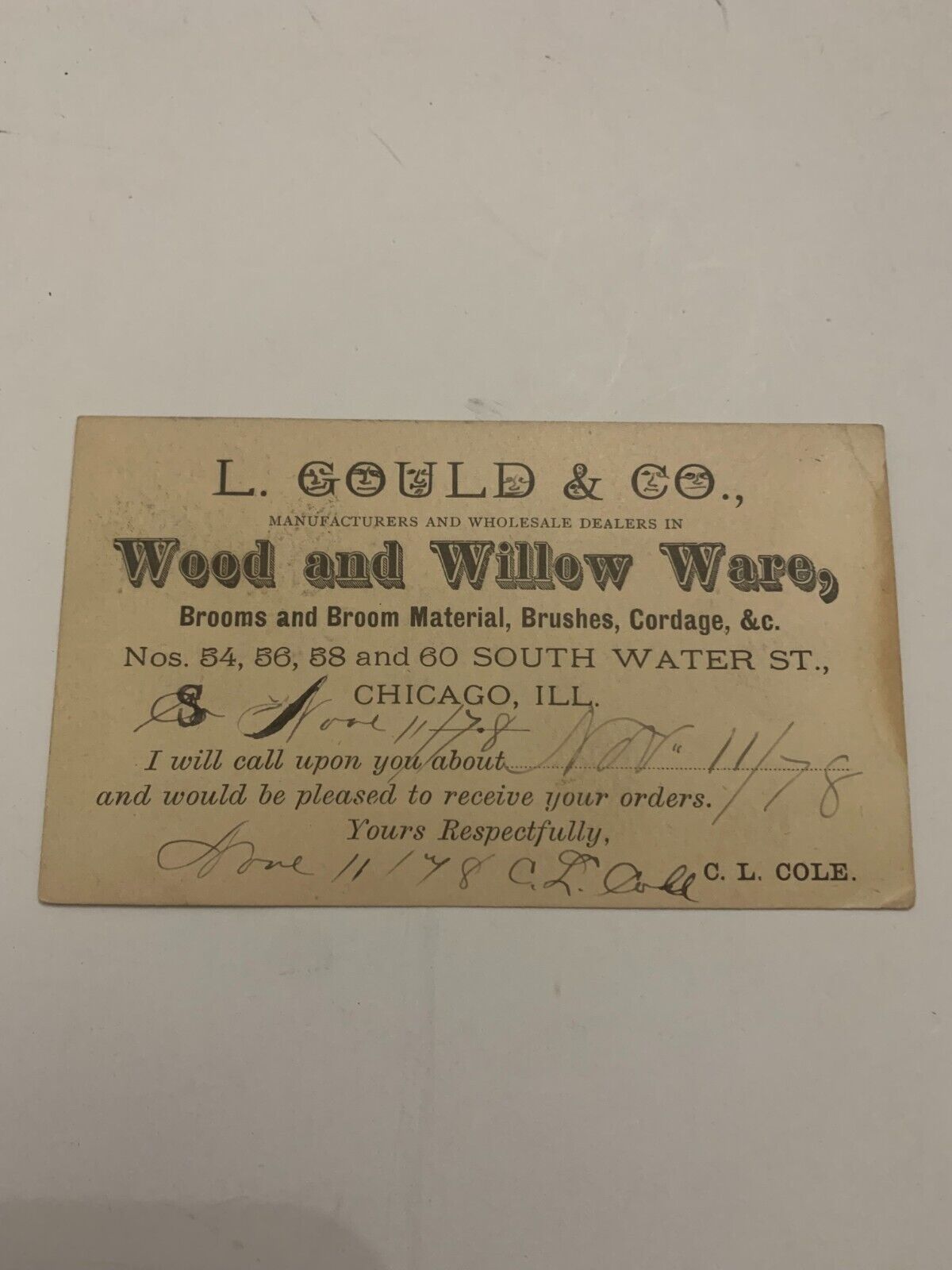 1878 L. Gould & Co. Wood and Willow Ware Chicago Illinois Advertising Postcard