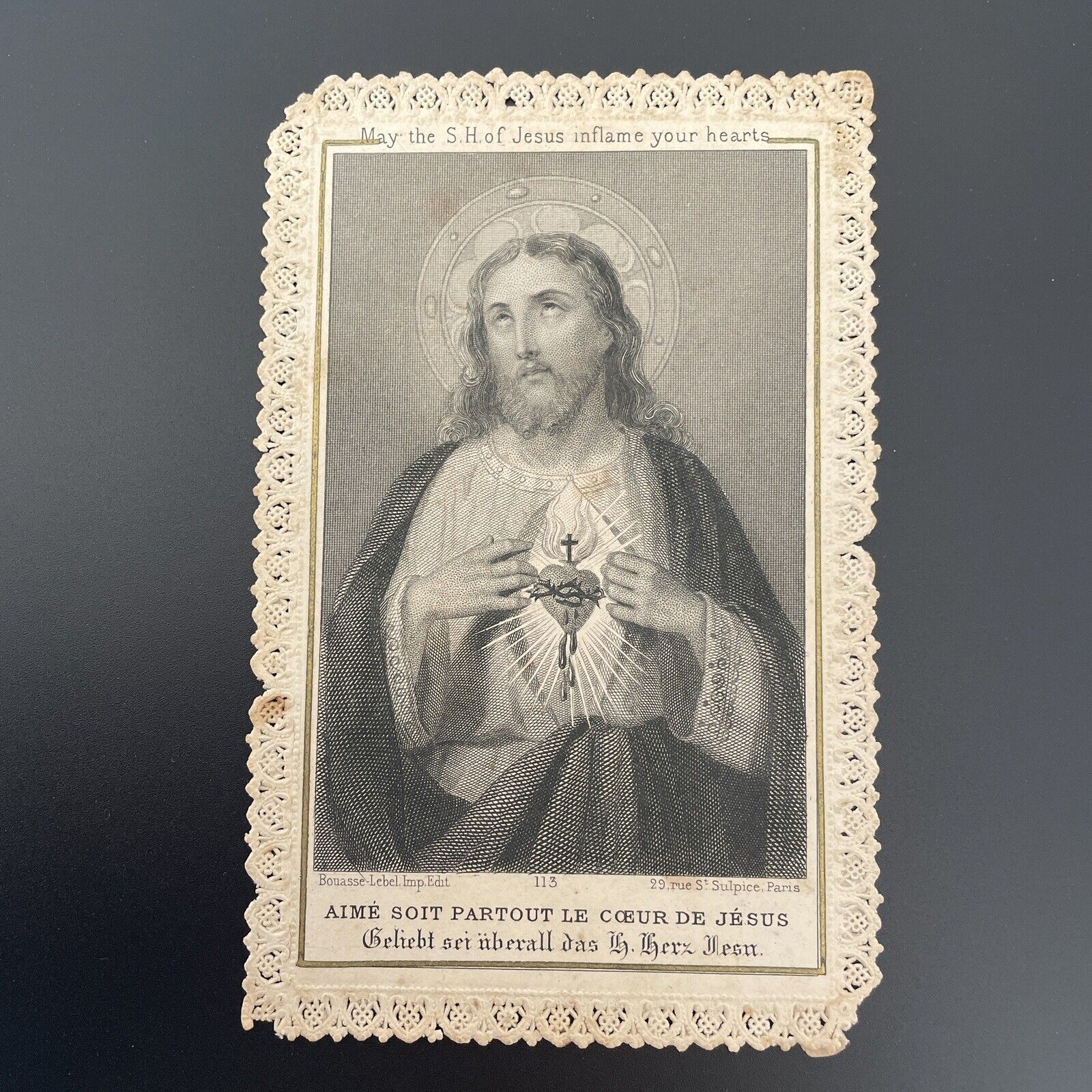 Antique 1896 Religious Holy Prayer Card Paper Lace Sacred Heart Of Jesus Paris