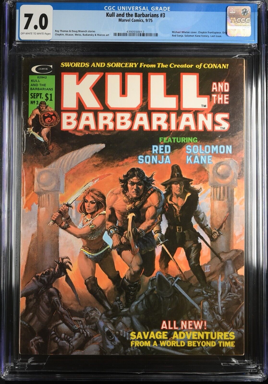 KULL AND THE BARBARIANS #3 - CGC 7.0 - OW/WP  - FN/VF - ORIGIN OF RED SONJA