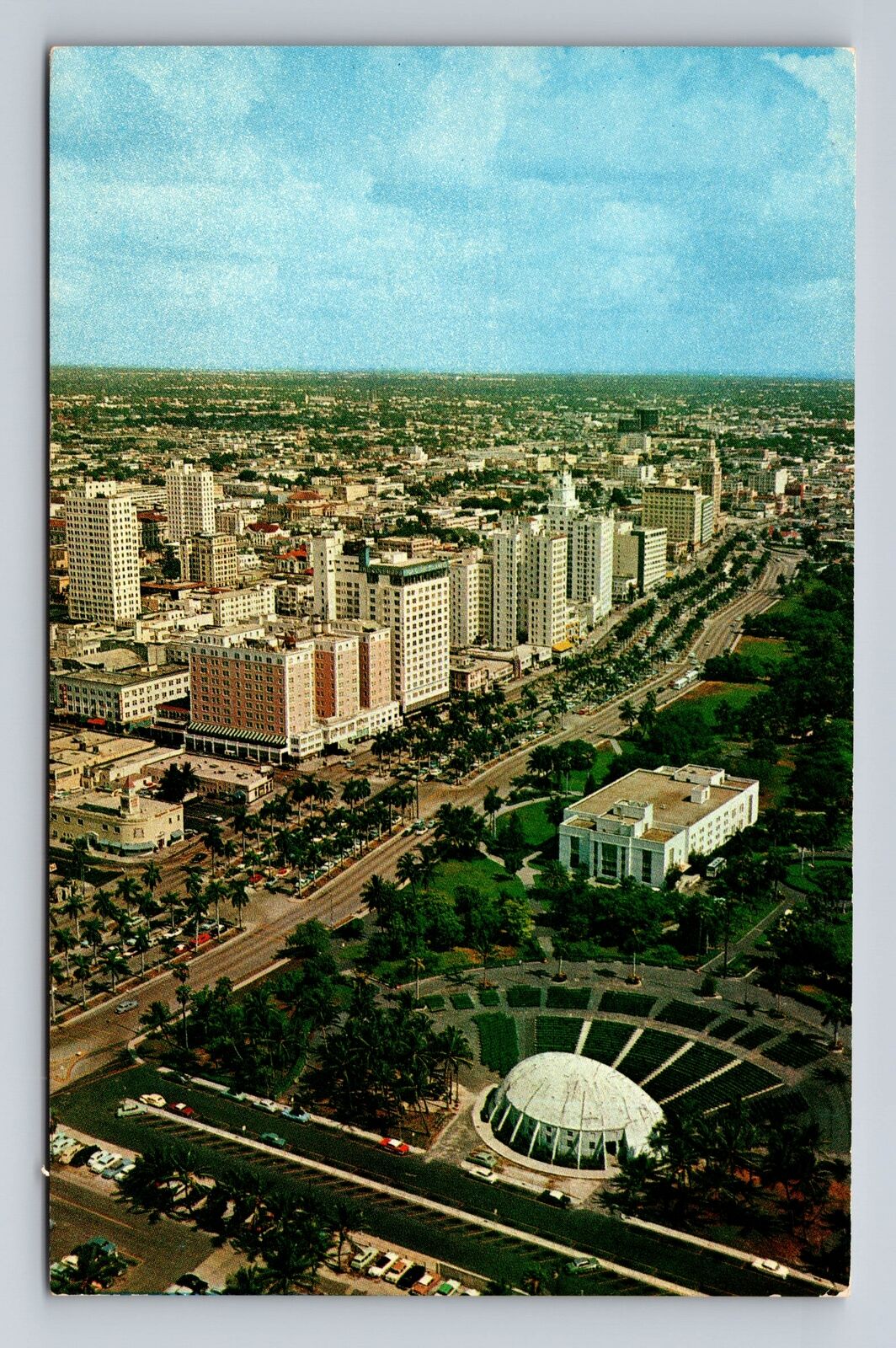 Miami FL-Florida, Aerial Biscayne Blvd, Hotel Row, Bandshell Vintage Postcard