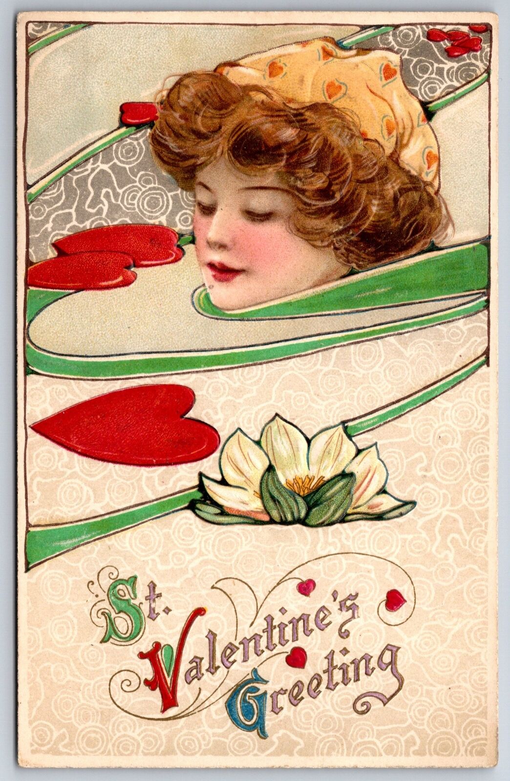 Schmucker Valentine~Lady Head Floats w/Hearts & Lily Pad~Art Nouveau Winsch~1910