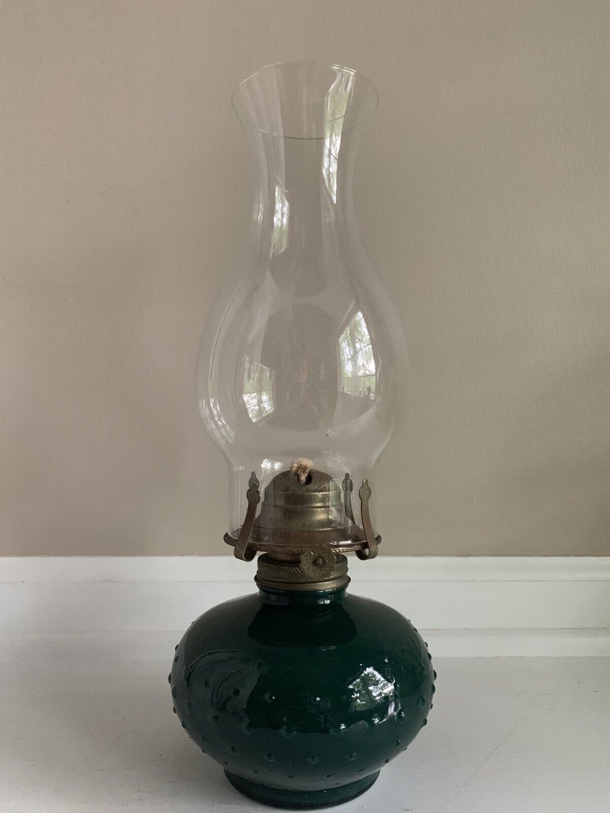 Vintage Lamplight Farms Green Hobnail Glass Oil Lamp 13”