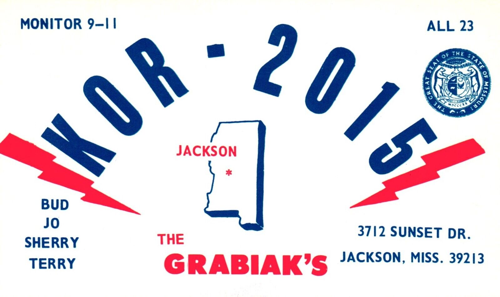 Jackson Mississippi KOR-2015 QSL Radio Postcard