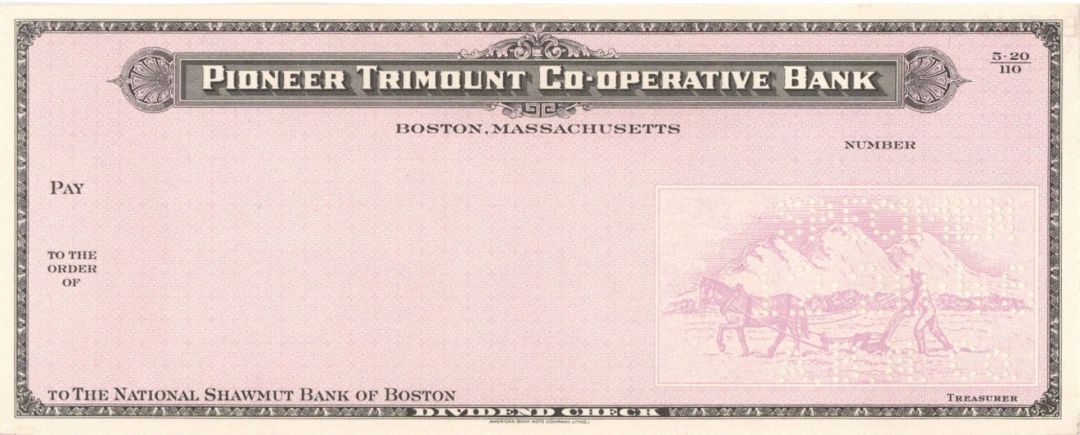 Pioneer Trimount Co-Operative Bank - American Bank Note Company Specimen Checks 