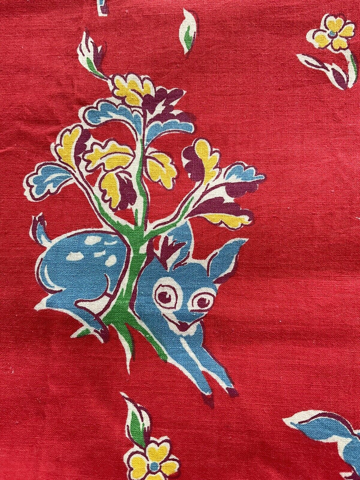 Vintage Novelty Juvenile red fabric blue baby deer in trees and Flowers