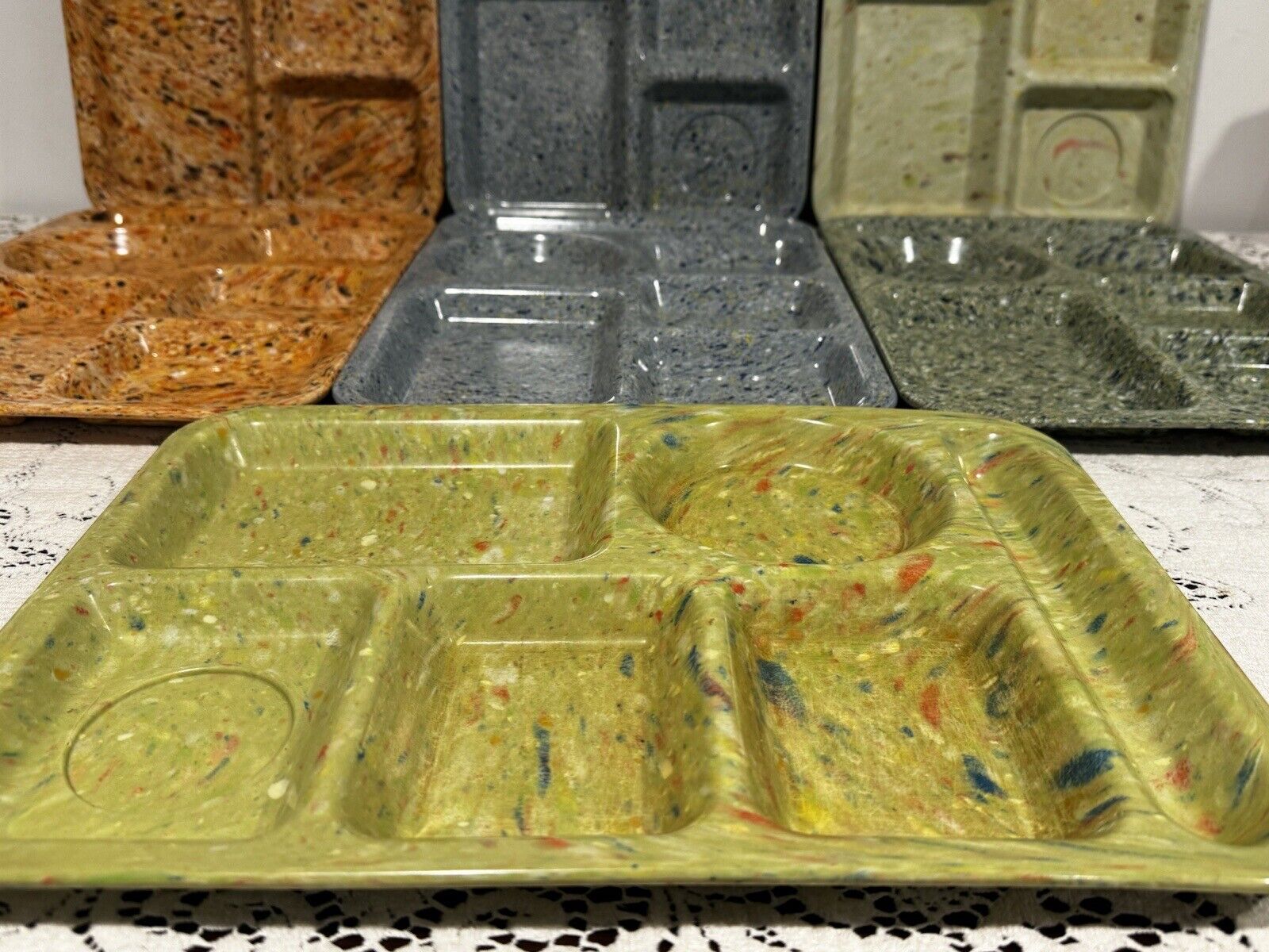 Vintage melamine confetti swirl Lot 7 lunch snack tray green/orange/blue melmac