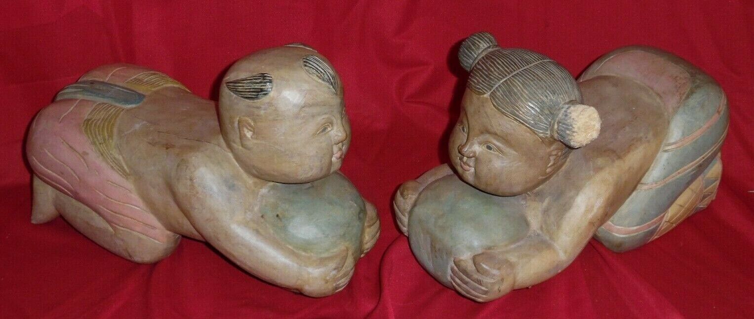 Wealth & Happiness Carved Wood Man & Woman Sleeping On Pumpkin Figures Thailand
