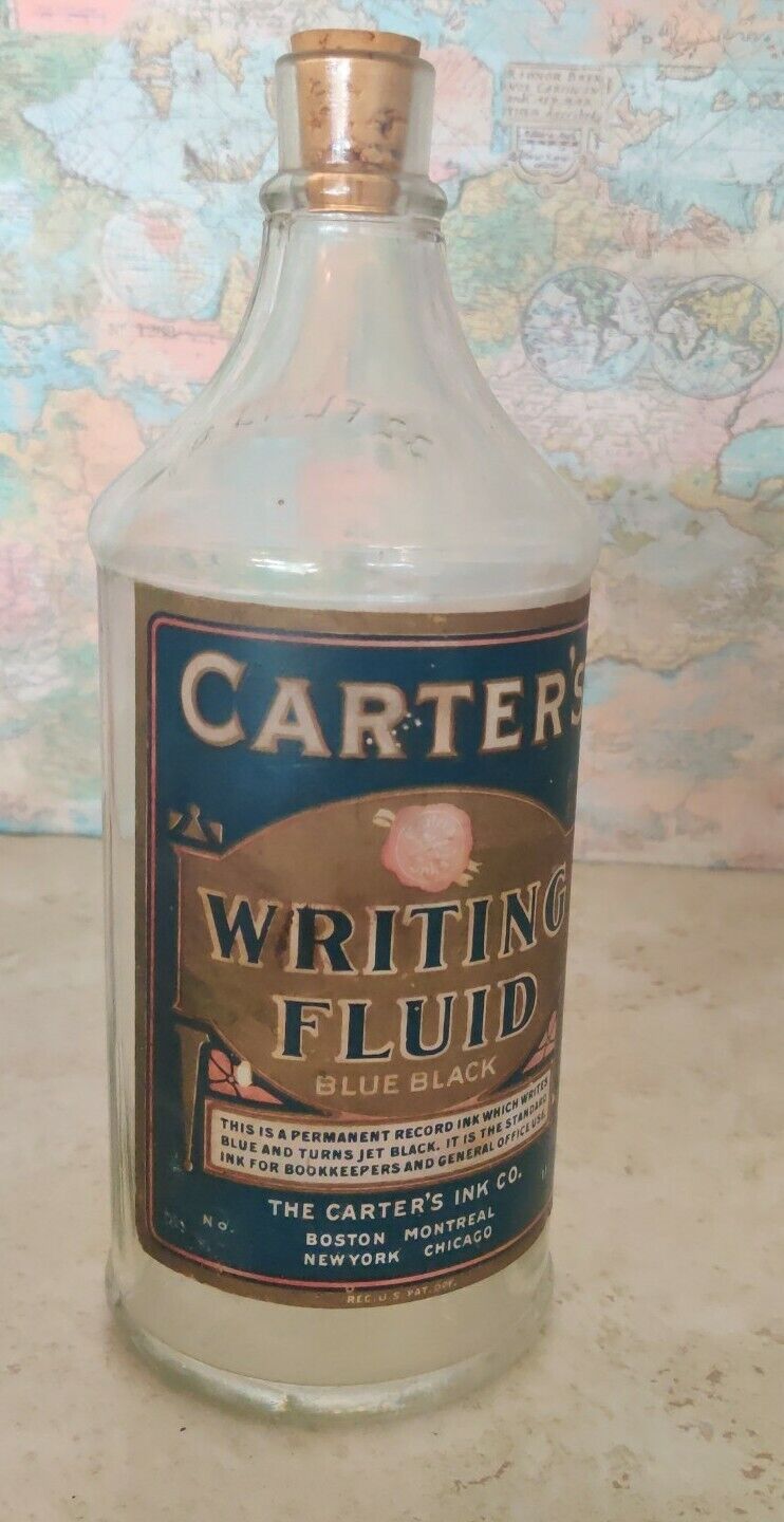 Vintage Carter's Writing Fluid Fountain Pen Blue Black 32 oz Bottle Empty A2 /